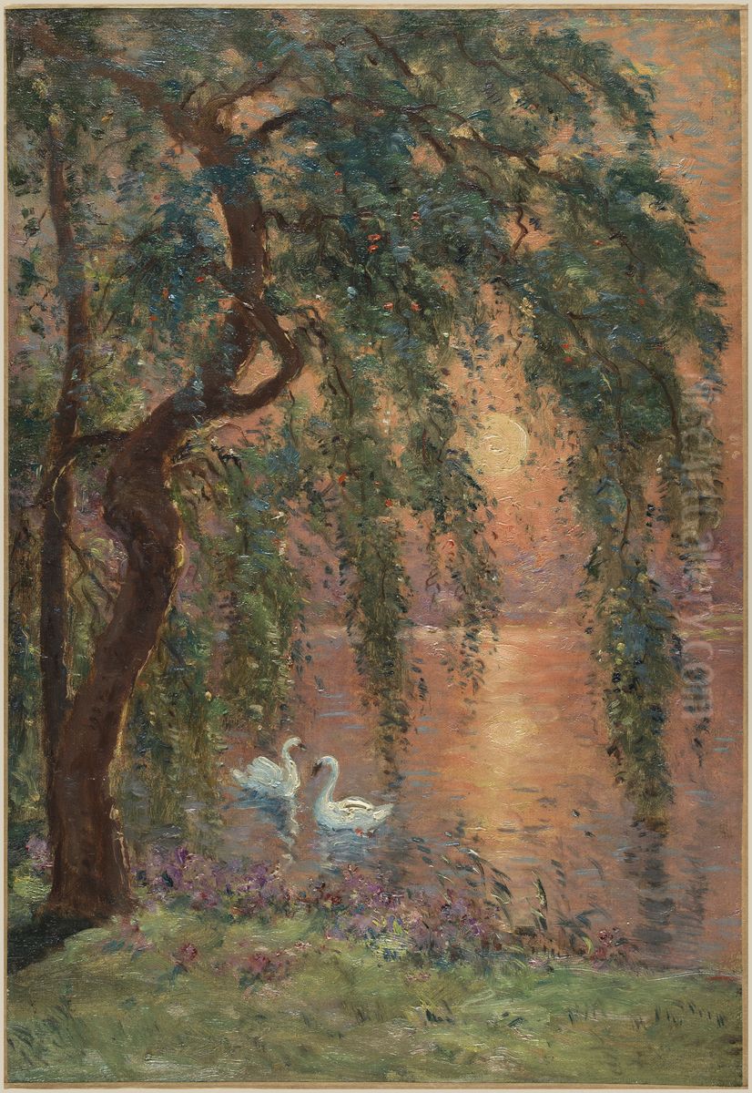 Esquisse pour la mairie de Joinville-le-Pont : Le lac d'amour - le saule pleureur Oil Painting by Marie-Joseph Clavel