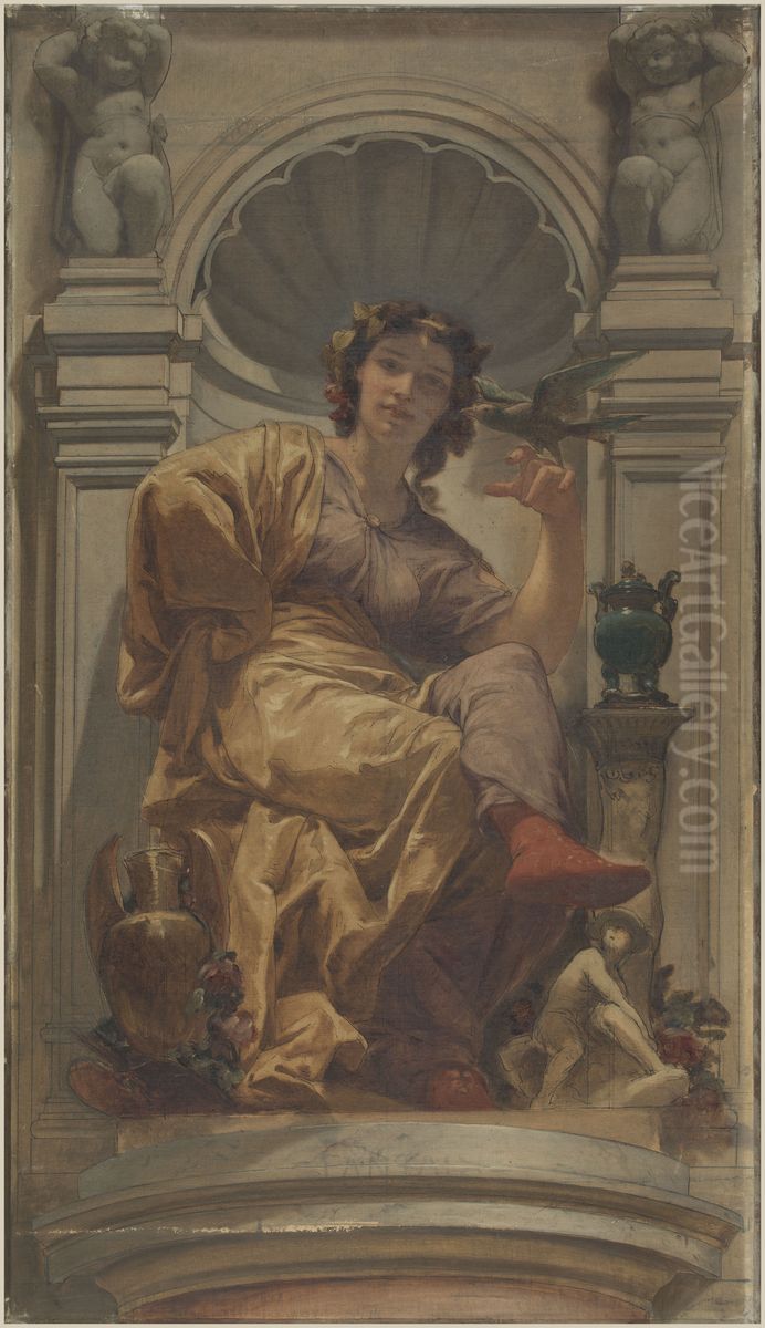 Esquisse pour la coupole du pavillon Denon au Louvre : La fantaisie Oil Painting by Charles Louis Muller