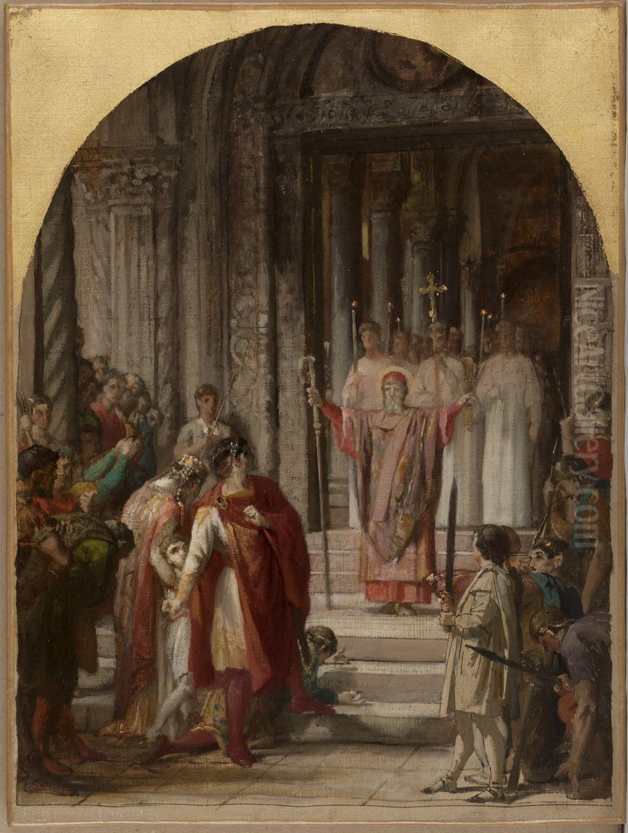 Esquisse pour l'eglise Saint-Ambroise: Saint Ambroise interdit l'entree du lieu saint a l'empereur Theodose, coupable du meurtre des habitants d'Antioche. Oil Painting by Eugene Lenepveu