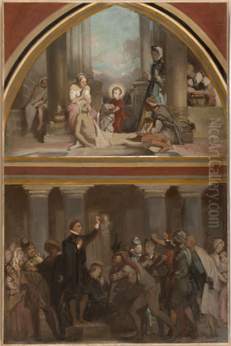 Esquisse pour l'eglise Saint-Severin : L'Enfance de Saint Francois de Sales - Saint Francois de Sales prechant les heretiques du Chablais. Oil Painting by Victor Mottez