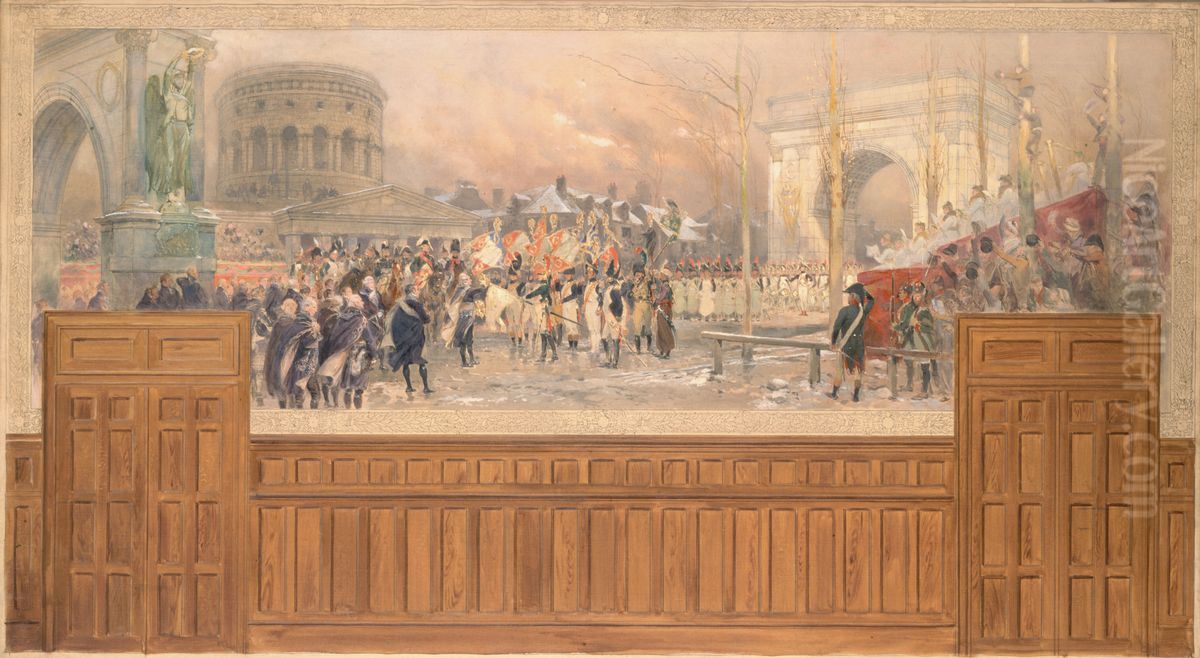 Reception par la municipalite de Paris, a la barriere de la Villette, des troupes revenant de Pologne, apres la campagne de 1806-1807. Oil Painting by Edouard Detaille