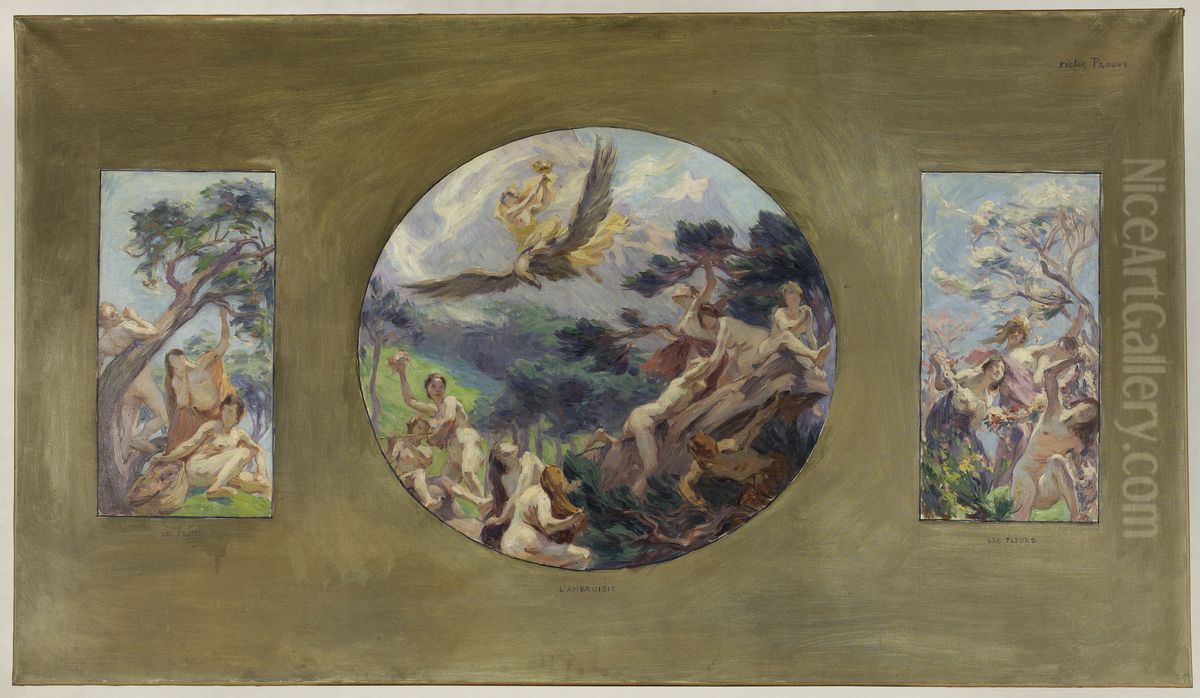 Esquisse pour la salle a manger de l'Hotel de Ville de Paris : Les Fruits - L'Ambroisie - Les Fleurs (plafond) Oil Painting by Victor Prouve