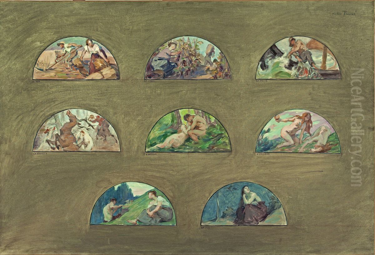 Esquisse pour la salle a manger de l'Hotel de Ville de Paris - Les nourritures - Les plaisirs - Les sens ( tympans semi-circulaires) Oil Painting by Victor Prouve