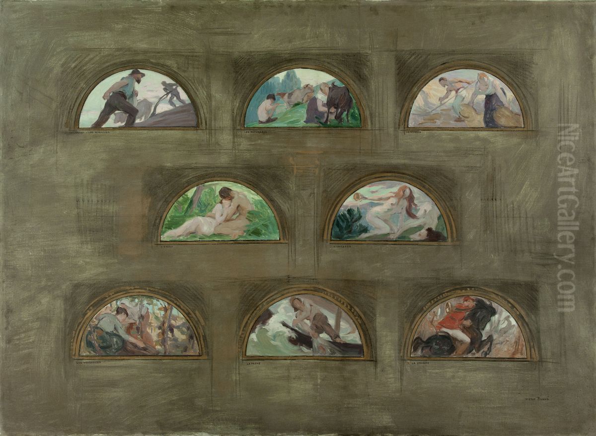 Esquisse pour l'Hotel de Ville de Paris: Les travaux de la terre. Les plaisirs. Les nourritures de l'homme. Le labour. Les semailles. Les paturages. La moisson. L'amour. L'ivresse. Les vendanges. La peche. La chasse. Oil Painting by Victor Prouve
