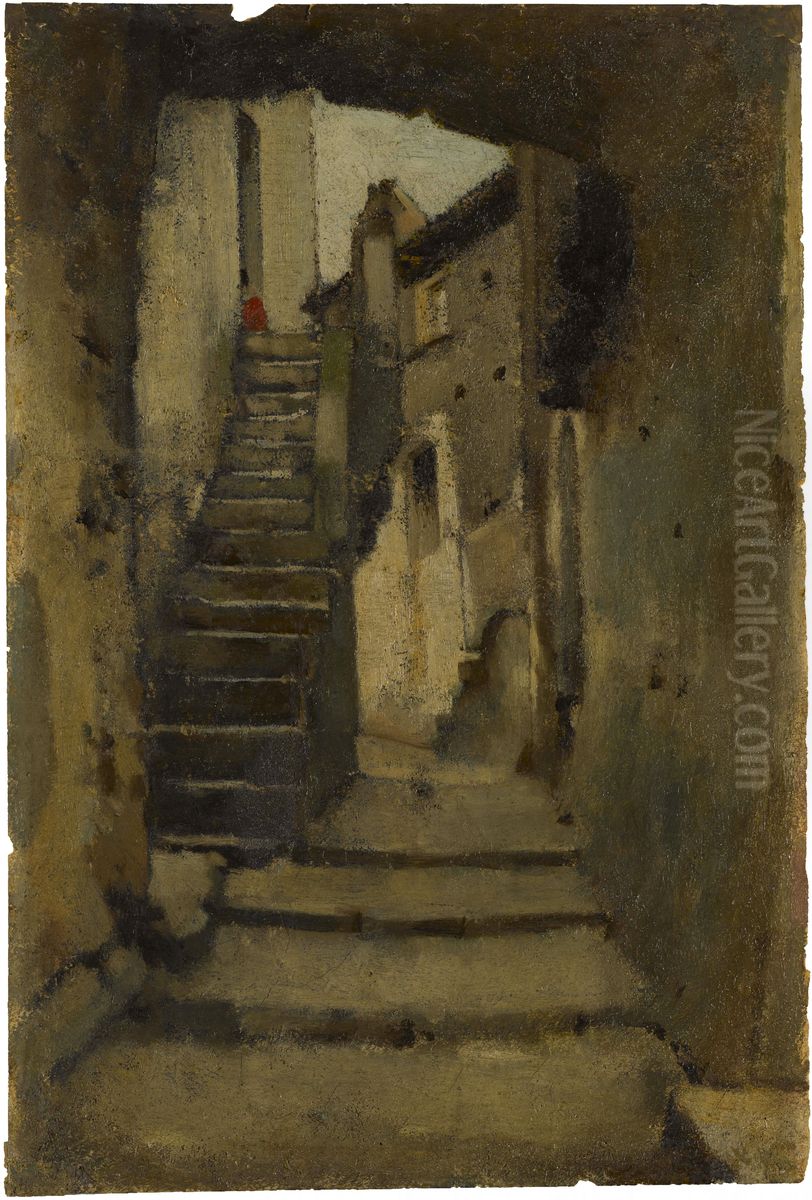 Escalier dans une ruelle a Rome Oil Painting by Jean-Jacques Henner