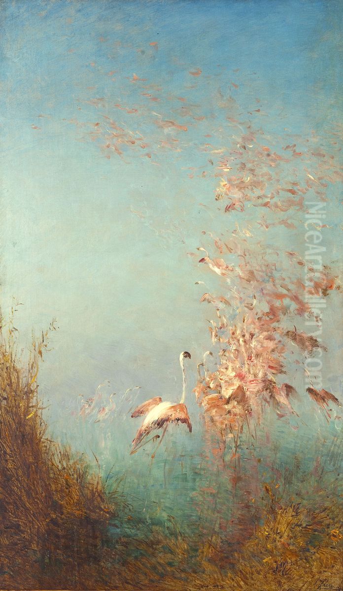 Envol de flamants roses, etang de Vaccares Oil Painting by Felix Ziem