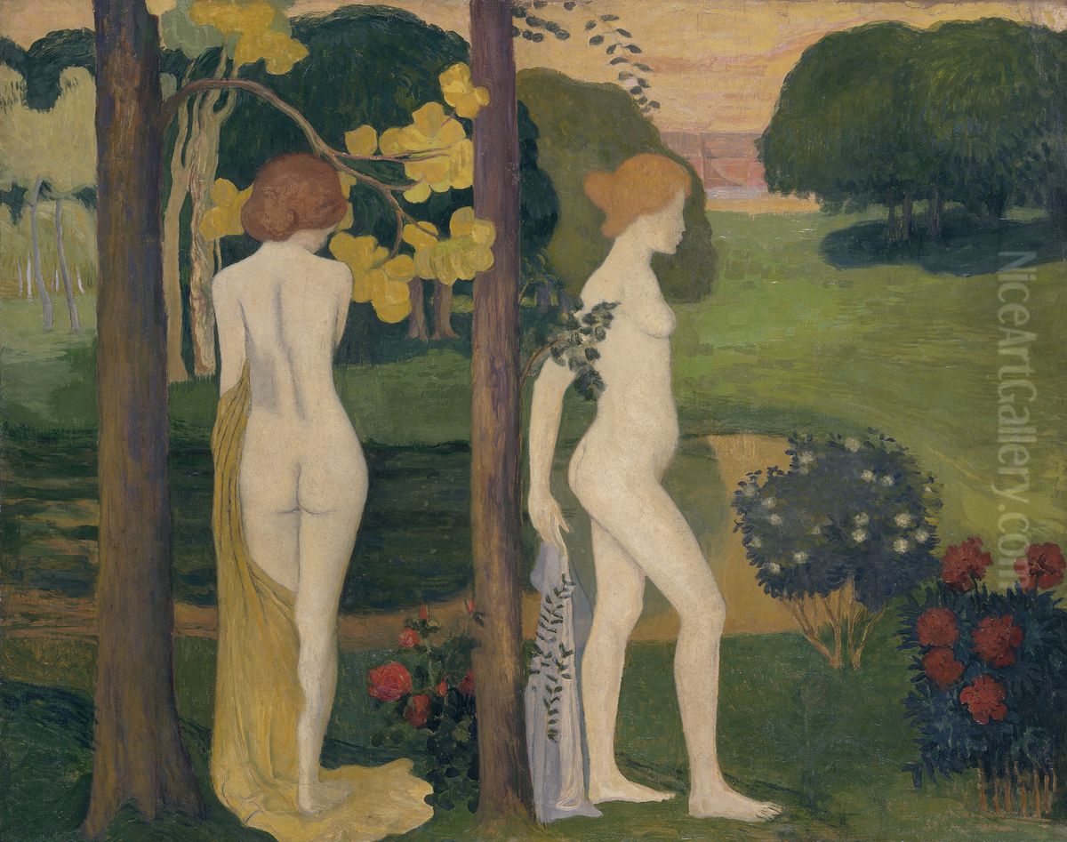 Deux nus dans un paysage (recto) - Deux femmes en chapeau et etude de paysage (verso) Oil Painting by Aristide Maillol