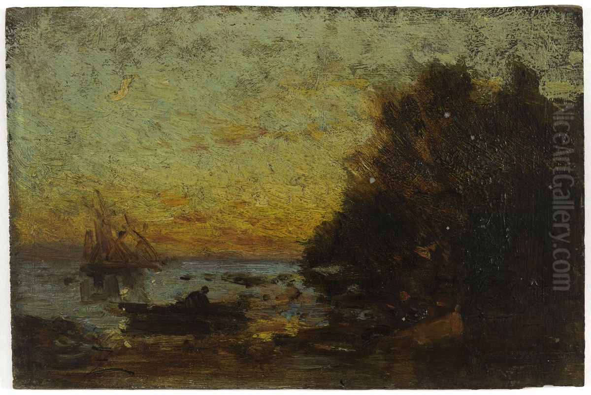 Barque et voiliers, couche de soleil. Au revers : Marine Oil Painting by Felix Ziem