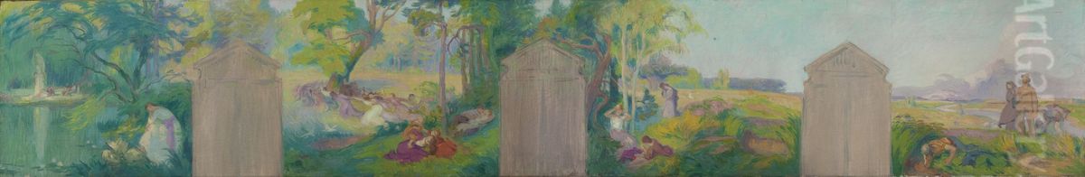 Esquisse pour la salle des mariages de la mairie du 11eme : Sejour de paix et de joie. Espoir. Jeunesse. Amour. Bonheur. Joie. Meditation. Oil Painting by Victor Prouve