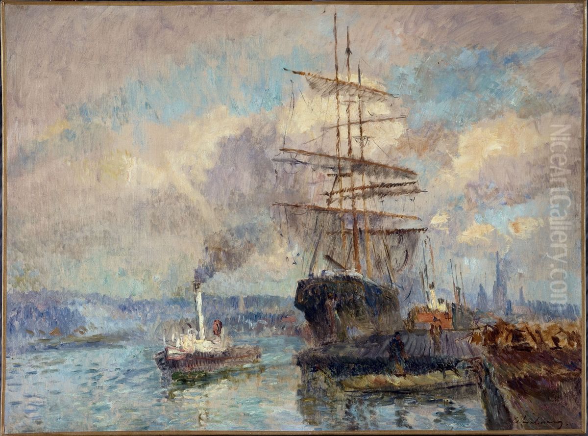 Dans le port de Rouen Oil Painting by Albert Lebourg