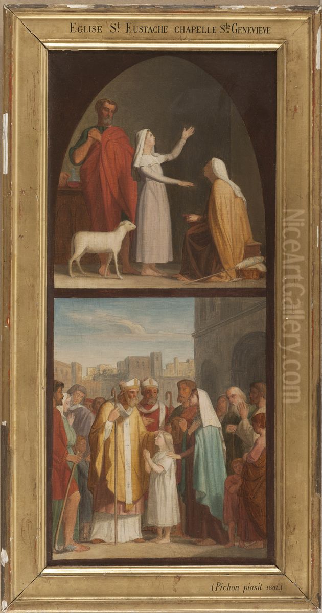 Esquisse pour l'eglise Saint-Eustache : Sainte Genevieve guerit sa mere aveugle. Saint Germain d'Auxerre et saint Loup predisent aux parents de Sainte Genevieve la destinee de leur fille. Oil Painting by Auguste Pichon