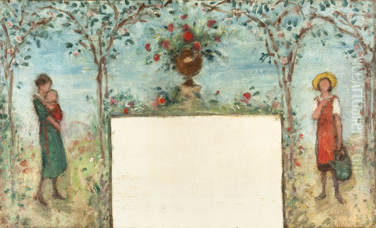 Femme et enfants dans un verger : Esquisse pour le preau de l'ecole des filles de l'avenue Simon-Bolivar, 19eme arrondissement de Paris Oil Painting by Georges d'Espagnat