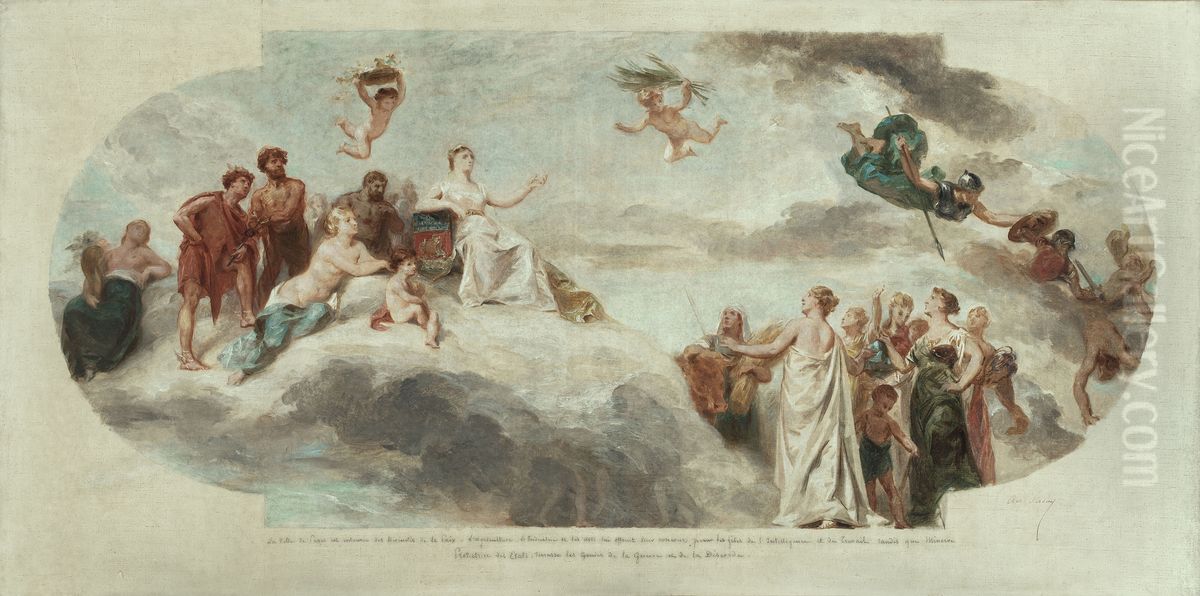 La Ville de Paris recevant le concours de l'agriculture, de l'industrie et des arts - Esquisse pour le salon d'entree de l'Hotel de ville de Paris Oil Painting by Achille-Louis-Joseph Sirouy