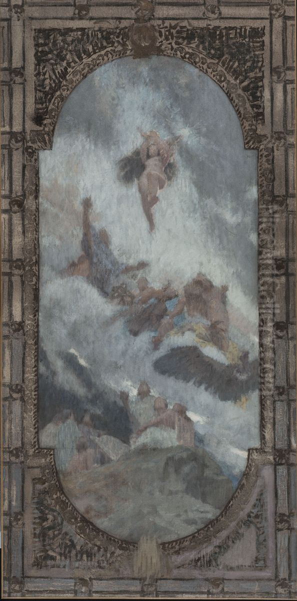 Esquisse pour le plafond du salon d'entree Nord de l'Hotel de Ville de Paris : la Nature inspiratrice et educatrice Oil Painting by Henri Bonis