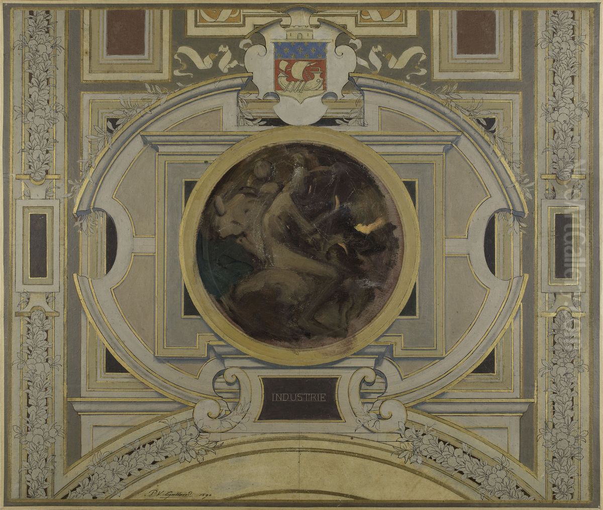 Esquisse pour la voute de la galerie des Metiers de l'Hotel de Ville : Industrie Oil Painting by Pierre-Victor Galland
