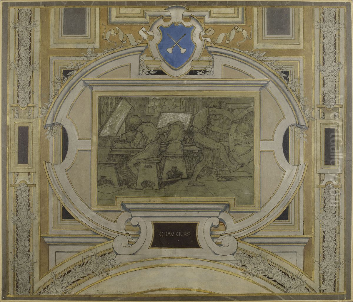 Esquisse pour la galerie des Metiers de l'Hotel de Ville : Graveurs Oil Painting by Pierre-Victor Galland