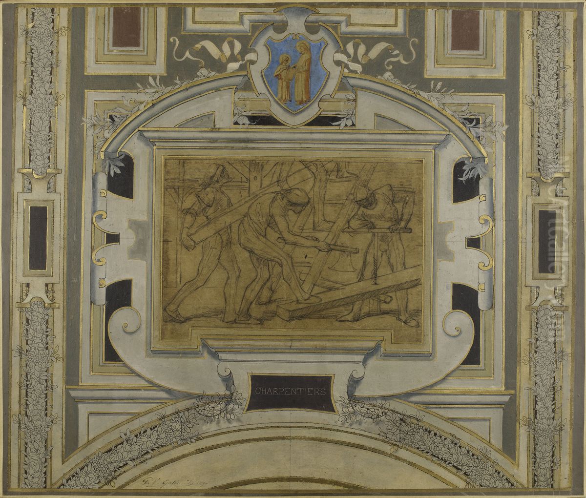 Esquisse pour la galerie des metiers de l'Hotel de Ville : Charpentiers Oil Painting by Pierre-Victor Galland