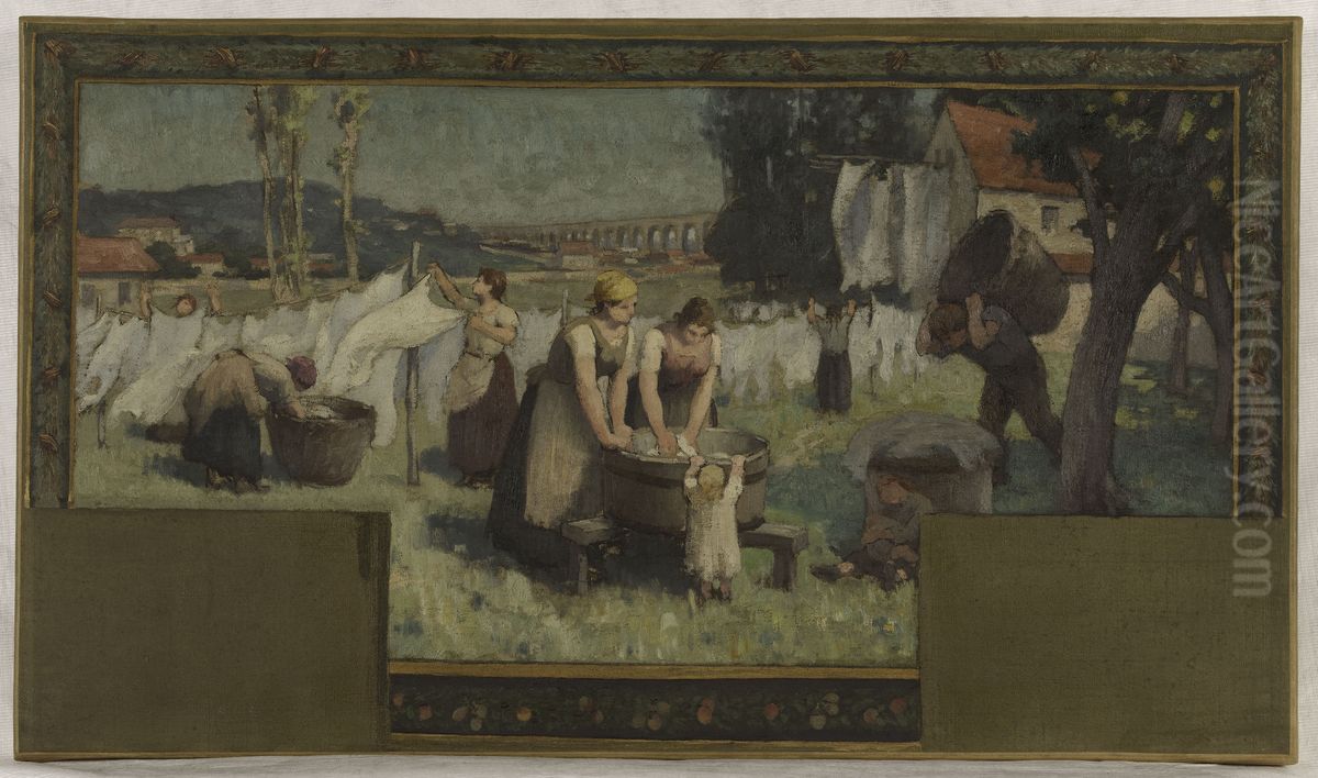 Esquisse pour la mairie d'Arcueil-Cachan : Les Blanchisseuses Oil Painting by Paul Baudouin