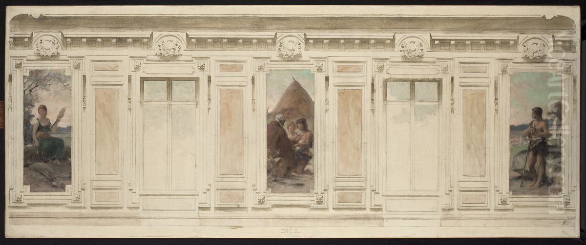 Esquisse pour la salle des mariages de la mairie de Courbevoie : Fileuse. Le mariage. Berger Oil Painting by Theobald Chartran