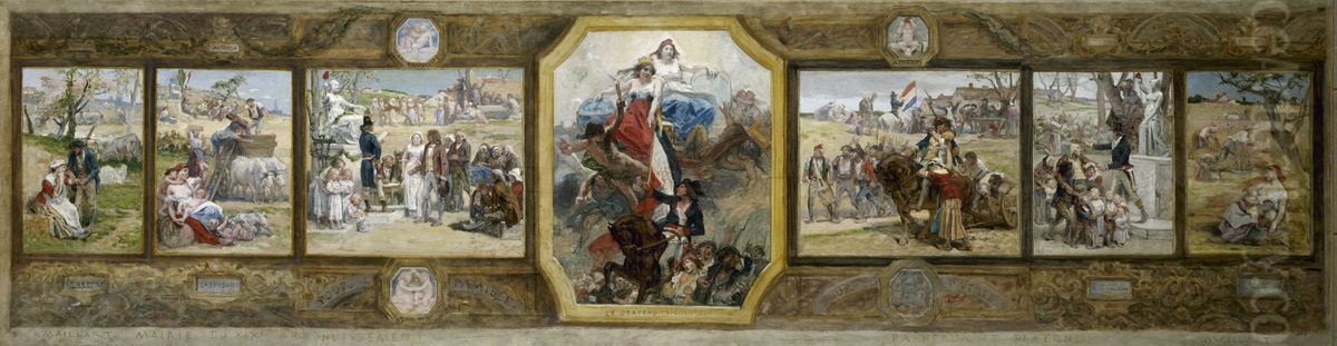 Esquisse pour la salle des mariages de la mairie du 19eme arrondissement de la Ville de Paris : le Drapeau tricolore, allegories republicaines Oil Painting by Diogene Ulyssee Napoleon Maillart