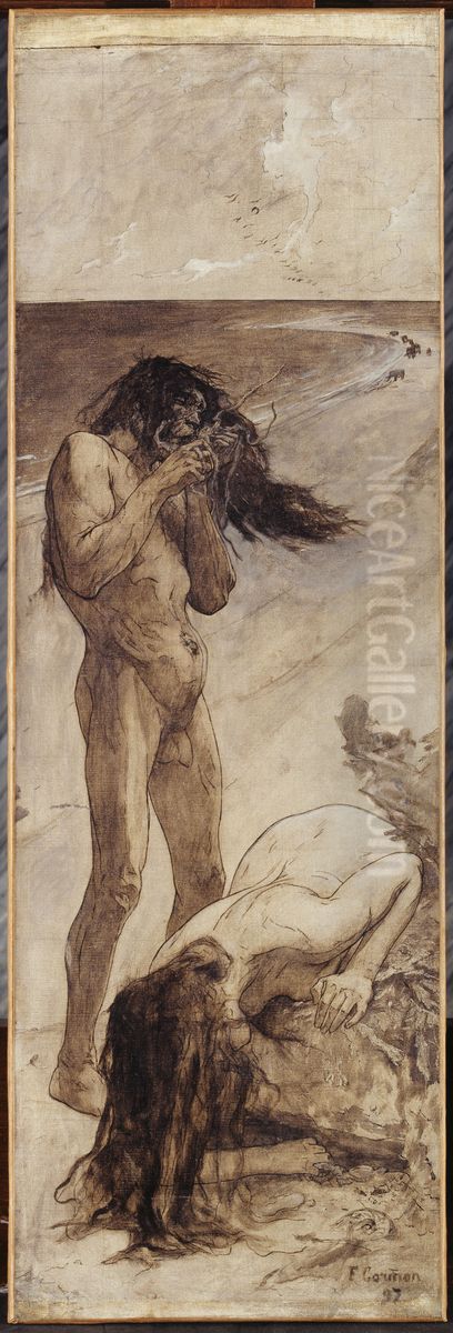 Les mangeurs de crabe, esquisse pour l'amphitheatre de paleontologie du Museum d'histoire naturelle de Paris Oil Painting by Fernand Cormon