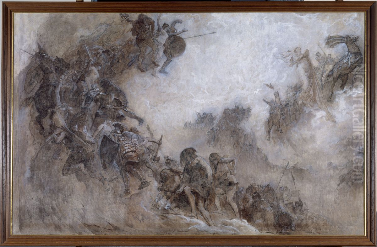 Esquisse pour le plafond de l'amphitheatre de paleontologie du Museum d'histoire naturelle de Paris : Les Races humaines (Plafond) Oil Painting by Fernand Cormon