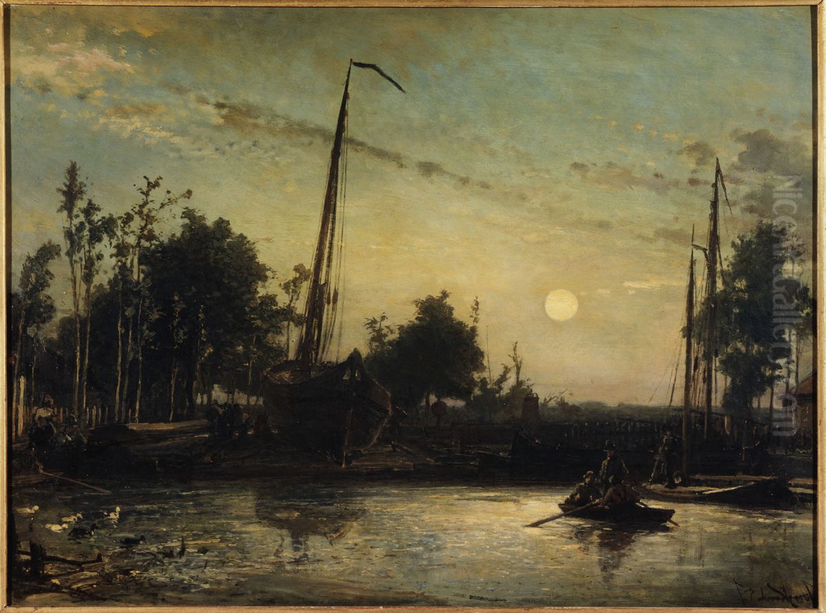 Bateau en construction en bord de canal, Paysage hollandais Oil Painting by Johan Jongkind