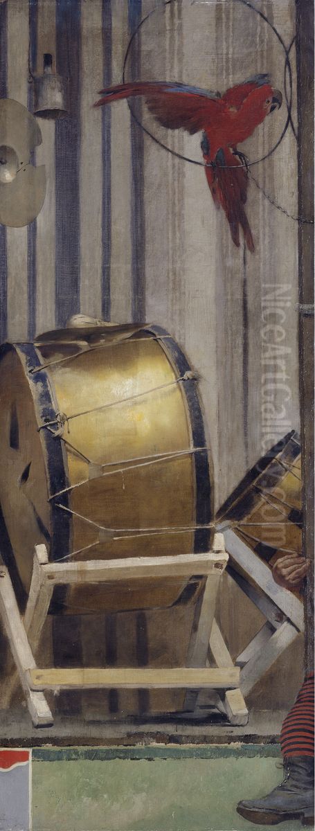 Grimaces et misere - Les Saltimbanques (grosse caisse et perroquet) Oil Painting by Fernand Pelez