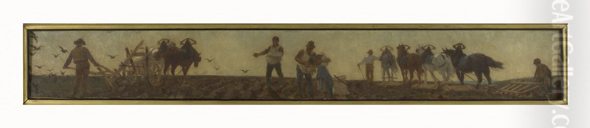 Histoire du ble : labours, semailles, hersage : Esquisse pour la salle de dessin de l'ecole de la rue Dombasle, 15eme arrondissement de Paris Oil Painting by Paul Baudouin