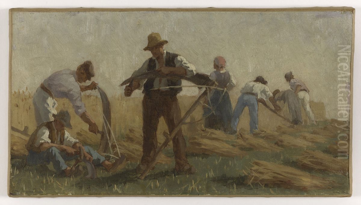 Histoire du ble : Moissonneurs aiguisant leurs faux. Esquisse pour la salle de dessin de l'ecole de la rue Dombasle, 15eme arrondissement de Paris Oil Painting by Paul Baudouin