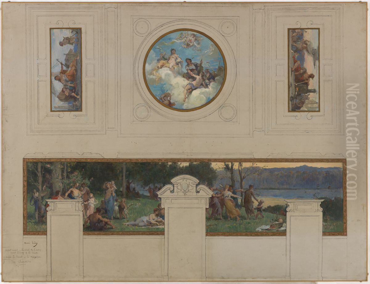 Esquisse pour la mairie de Pantin : Allegories du canal de l'Ourcq, du Travail et de la Navigation - Fete champetre (plafond et panneau mural) Oil Painting by Henri Leopold Levy