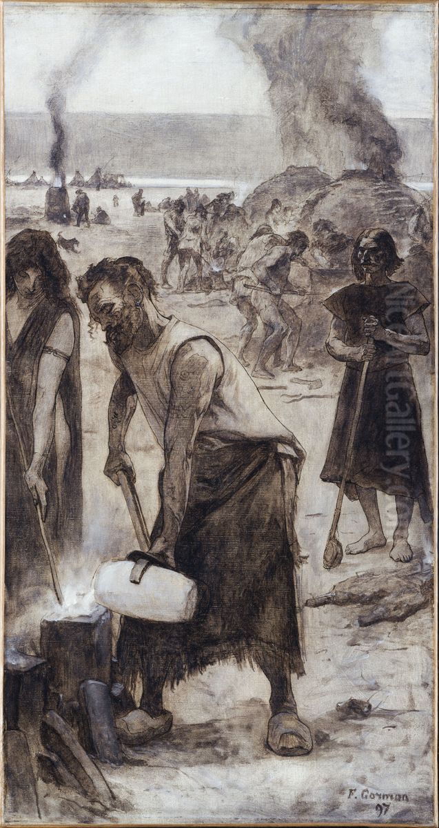 Le bronze et le fer, esquisse pour l'amphitheatre de paleontologie du Museum d'histoire naturelle de Paris Oil Painting by Fernand Cormon