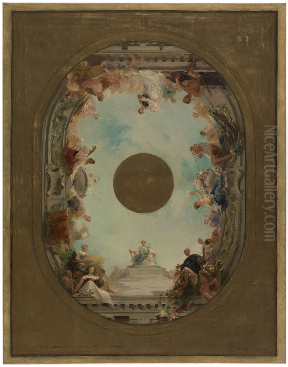 Esquisse pour la mairie de Courbevoie : la Ville de Courbevoie preside la fete du mariage Oil Painting by Ernest Jean Delahaye