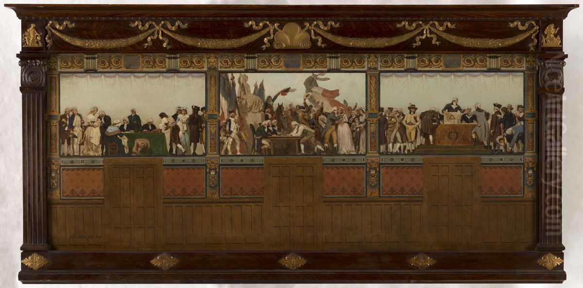 Esquisse pour la salle des fetes de la mairie du 20eme arrondissement : Naissance, patrie, devoir, droits Oil Painting by Jules Didier