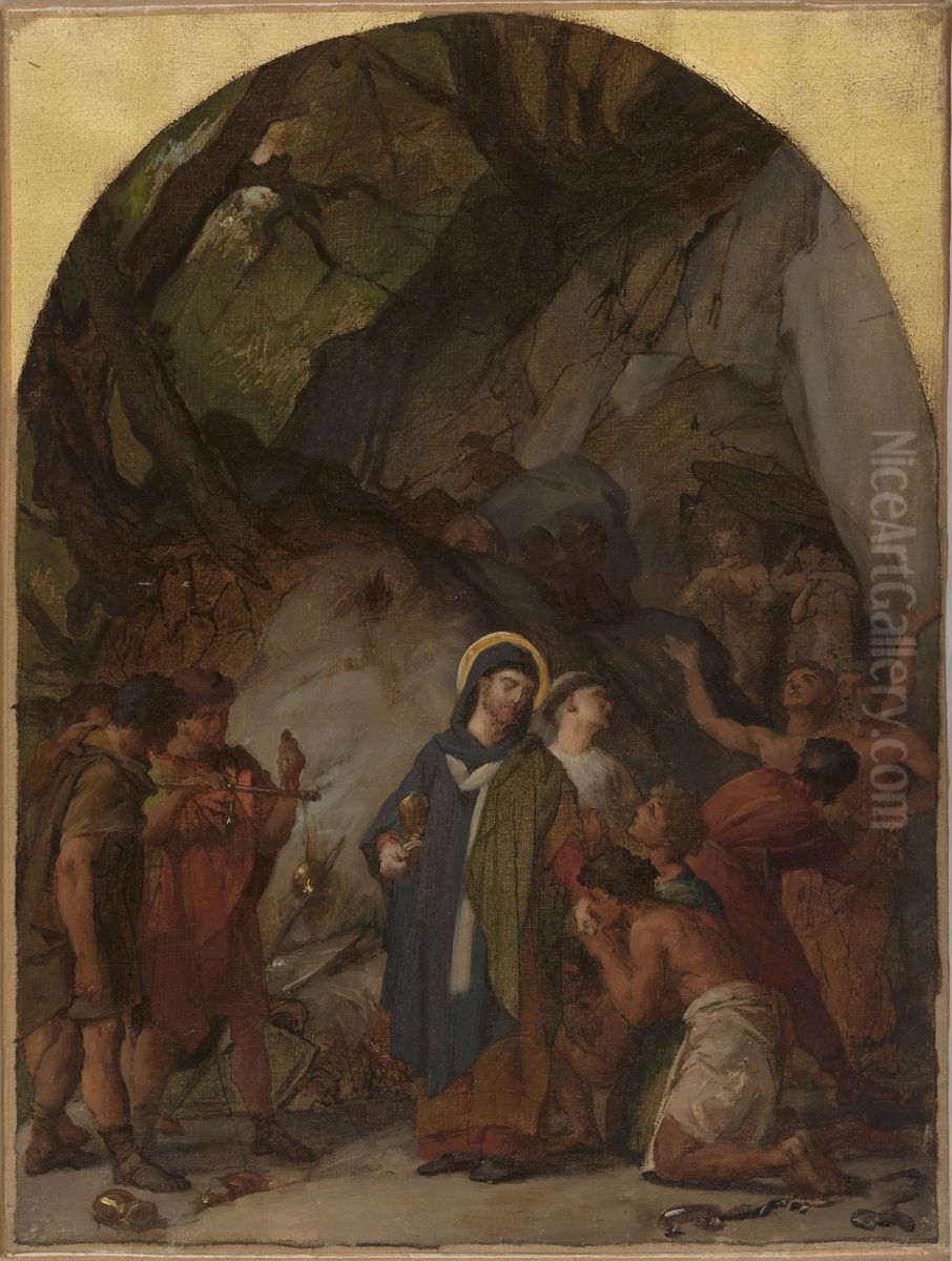 Esquisse pour l'eglise Saint-Ambroise : Saint Ambroise, eveque de Milan, livre les vases sacres de son eglise pour racheter ses prisonniers Oil Painting by Eugene Lenepveu