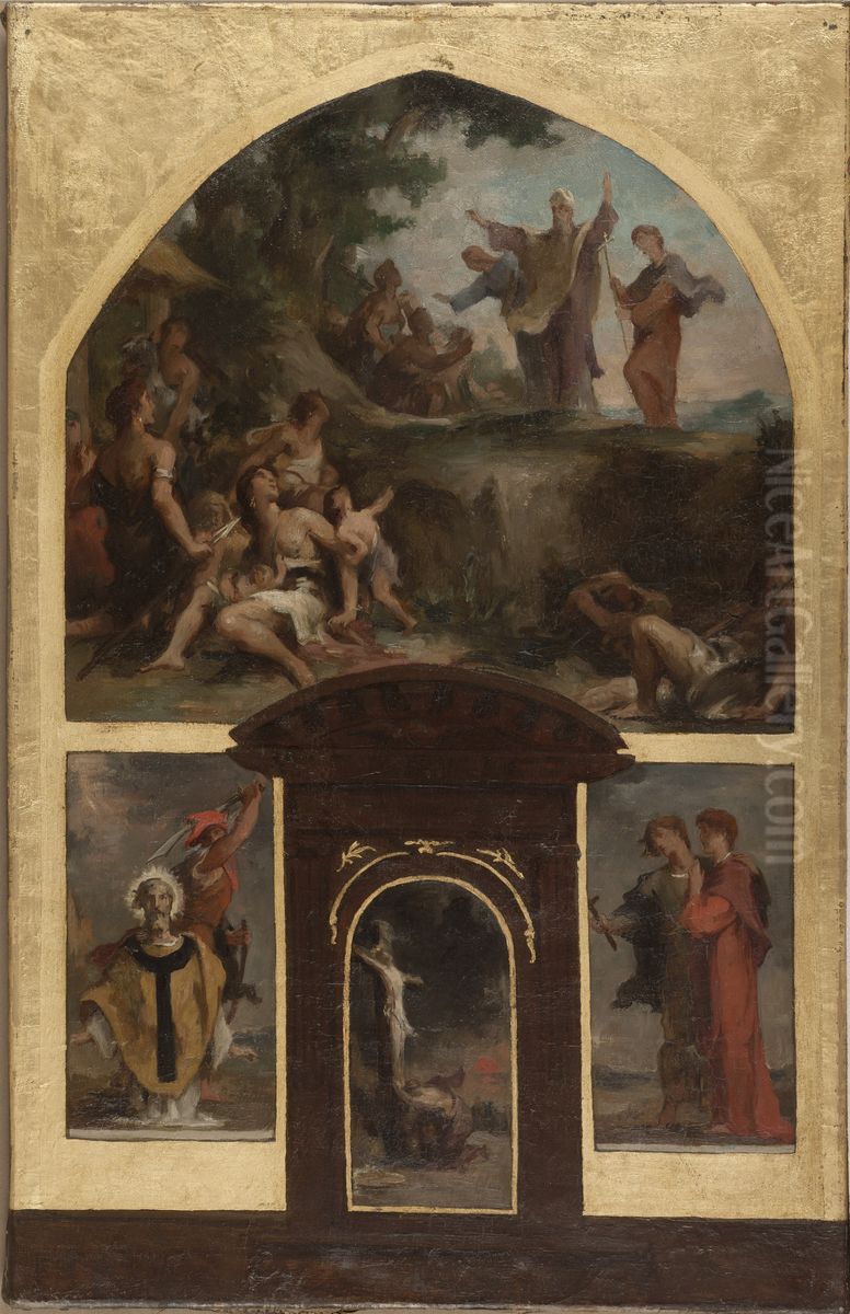 Esquisse pour l'eglise Saint-Merri : Predication de saint Denis et conversion des Gaulois. Decollation de saint Denis. Christ en croix. Saint Rustique et saint Eleuthere. Oil Painting by Henri Leopold Levy