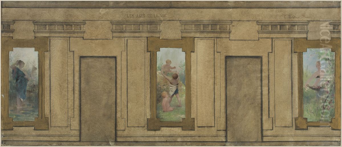 Esquisse pour la mairie de Courbevoie : Les ages de la vie. La Jeunesse. L'Enfance. La Jeunesse. Oil Painting by Ernest Jean Delahaye
