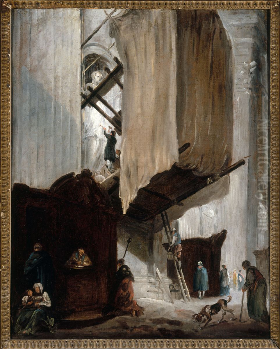 Sculpteur travaillant a la statue d'un saint a Saint-Pierre de Rome Oil Painting by Hubert Robert