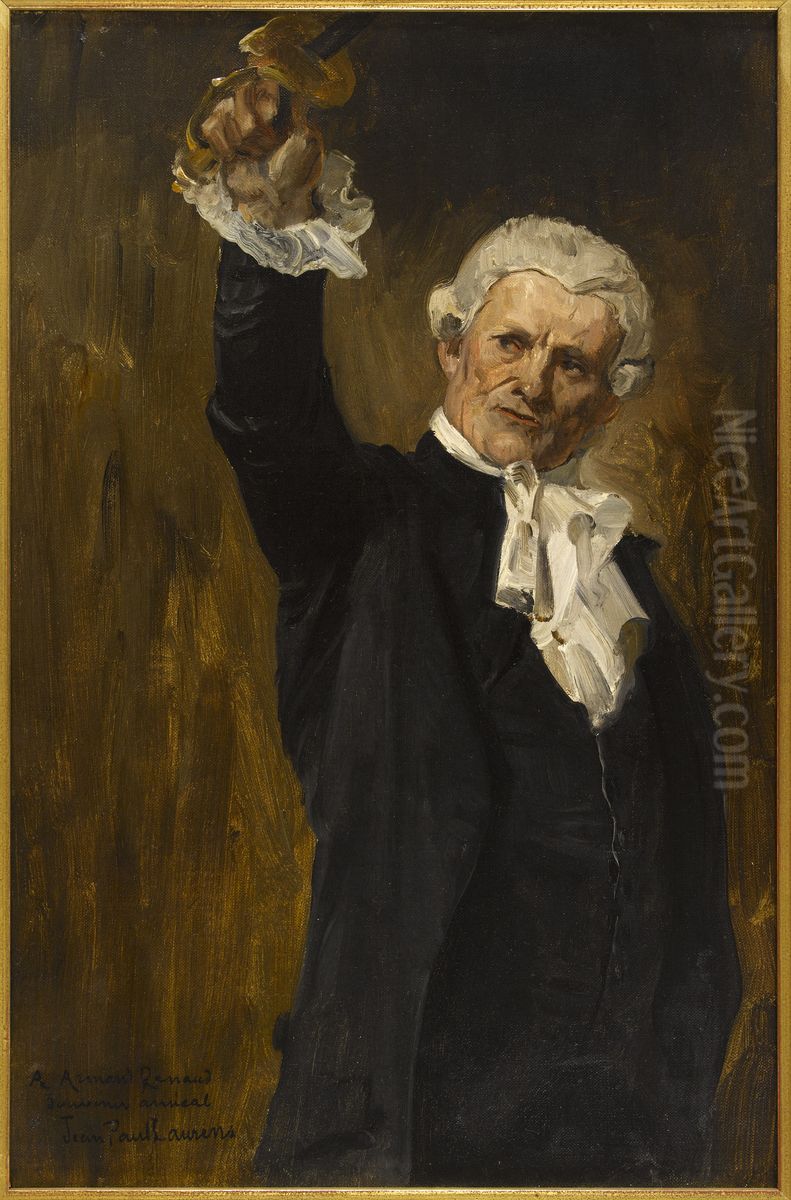 Esquisse de detail pour l' Hotel de Ville de Paris : La voute d'acier, figure d'un edile parisien bras leve, tenant une epee Oil Painting by Jean-Paul Laurens