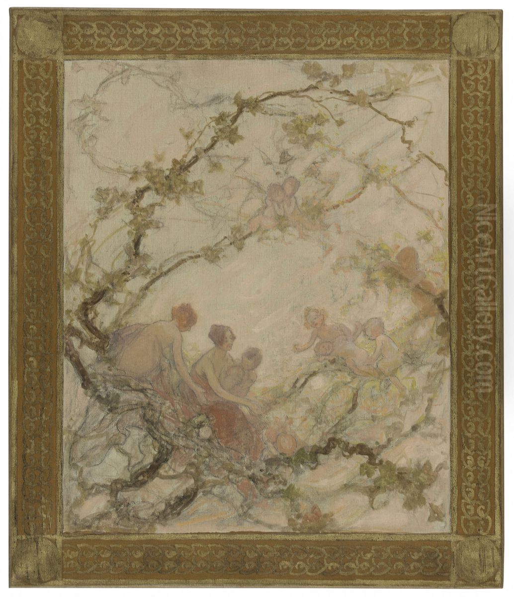 Esquisse pour la mairie du 15e arrondissement de Paris : Femmes et enfants dans les branchages Oil Painting by Georges Picard