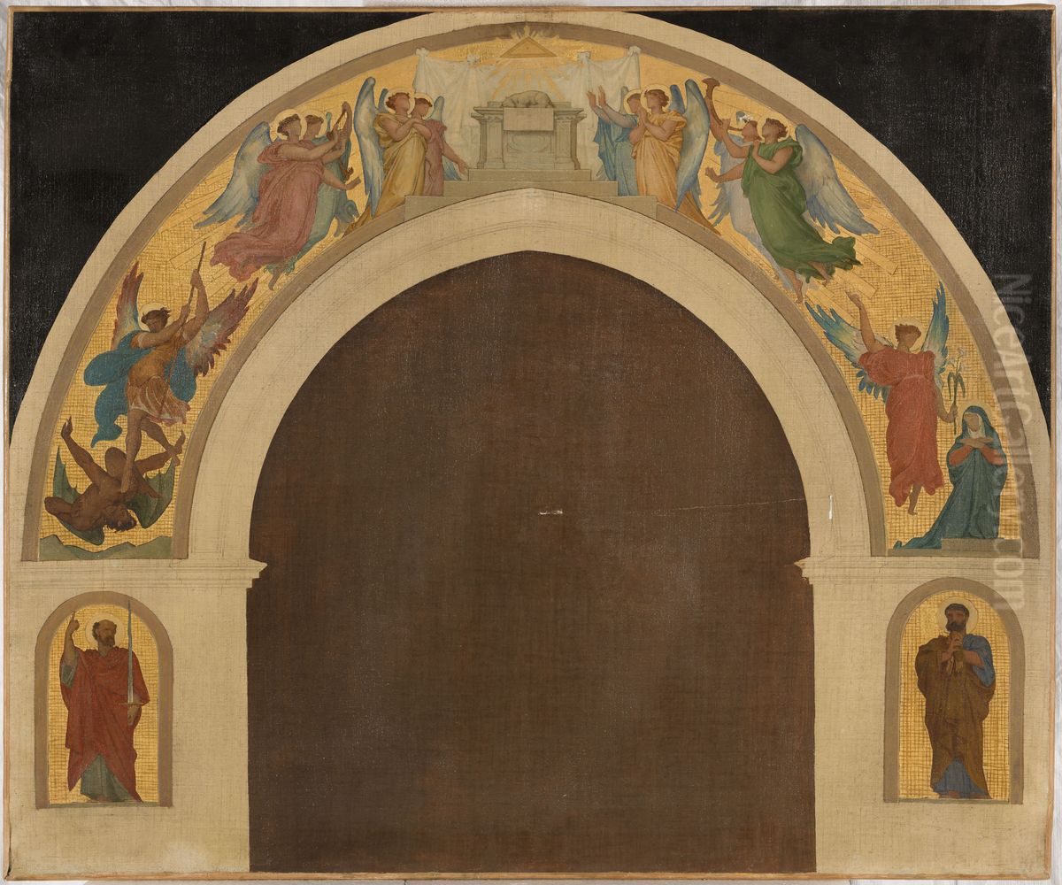 Esquisse pour l'eglise de la Trinite : L'Agneau pascal. Groupe d'anges adorateurs. L'archange saint Michel terrassant le demon. L'Annonciation. Saint Paul. Saint Pierre. Oil Painting by Armand Felix Marie Jobbe-Duval