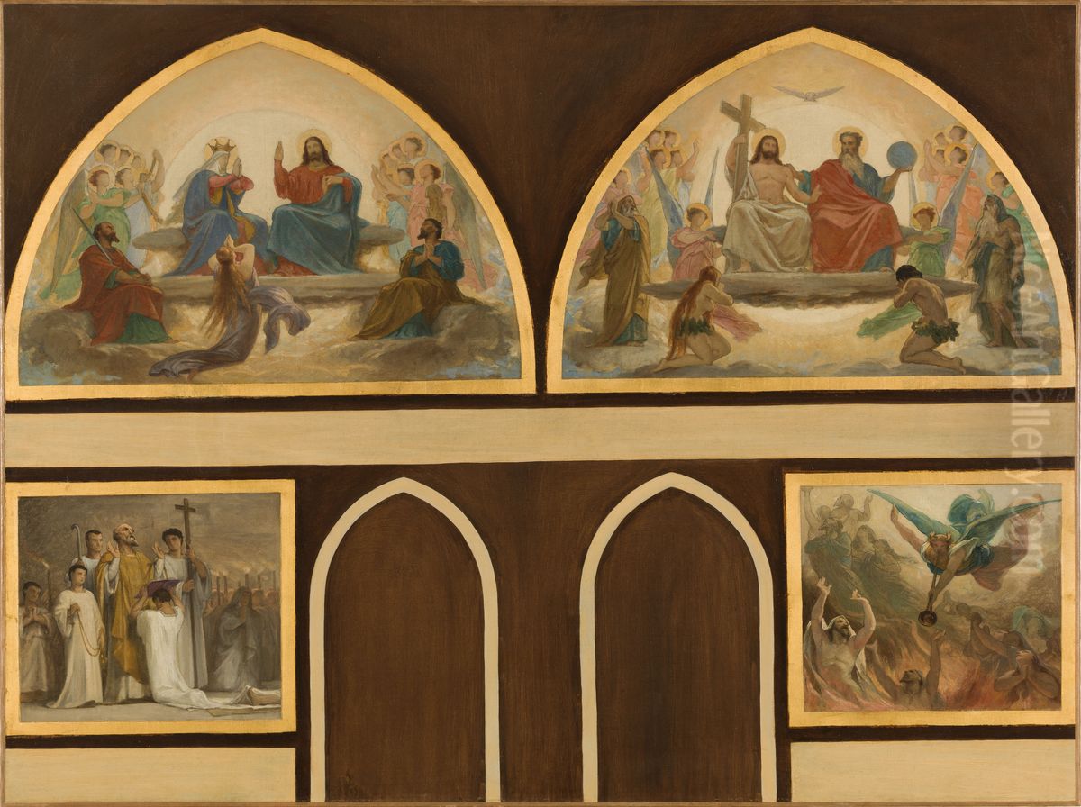 Esquisse pour l'eglise Saint-Gervais : La Vierge intercedant pres de Jesus pour les pecheurs. Le Jugement dernier et Jesus intercedant. La bonne mort. L'ange reveillant les morts. Oil Painting by Armand Felix Marie Jobbe-Duval