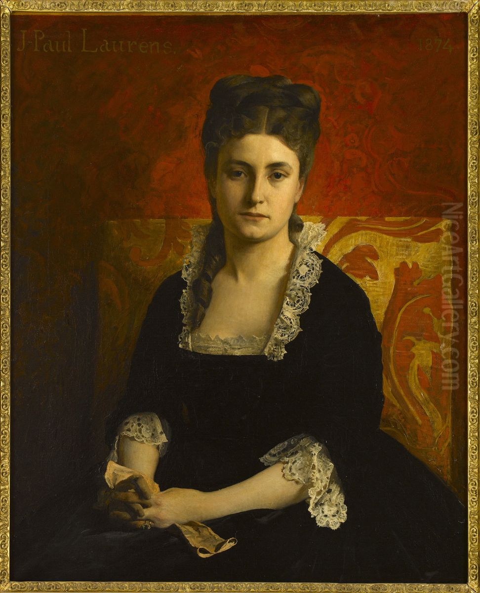 Portrait de femme en robe noire tenant un gant Oil Painting by Jean-Paul Laurens