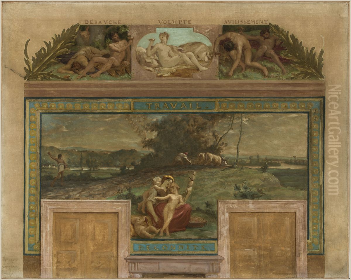 Esquisse pour la mairie de Saint-Maur-des-Fosses : Les Vertus opposees aux Vices (Travail - Fecondite) Oil Painting by Paul Milliet