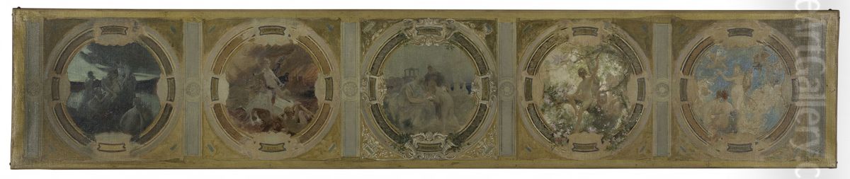 Esquisse pour la galerie Lobau a l'Hotel de Ville de Paris : La naissance de Paris. La Lutte. La Philosophie et la Litterature antique. Le Printemps. La Litterature. Oil Painting by Georges Picard