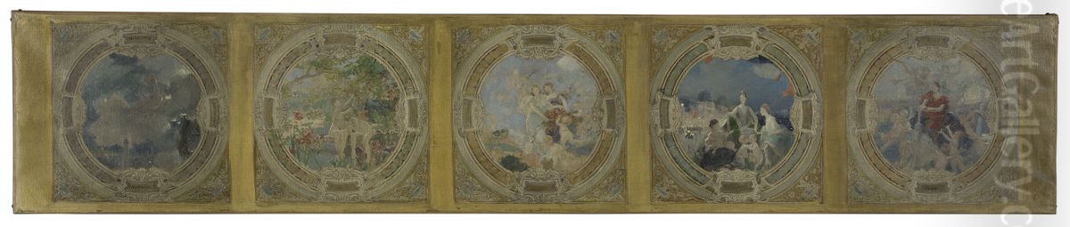 Esquisse pour la galerie Lobau de l'Hotel de Ville de Paris : L'Industrie. Le Reveil. La Paix. La Bienfaisance. Les Expositions universelles a Paris. Electricite. Vapeur. Gaz. Mecanique. Oil Painting by Georges Picard