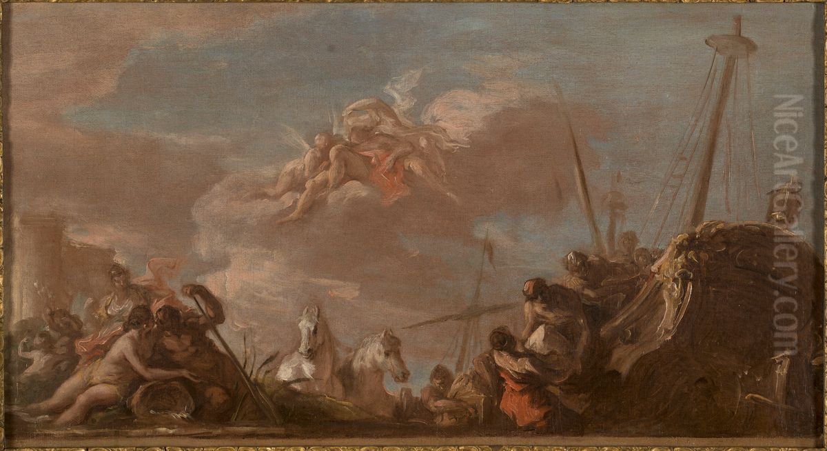 Esquisse pour le plafond de la Banque Royale : Le Dechargement en bord de Seine de marchandises en provenance de la Louisiane Oil Painting by Giovanni Antonio Pellegrini