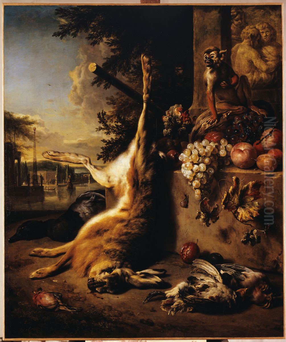 Gibier mort, singe et fruits devant un paysage Oil Painting by Jan Weenix