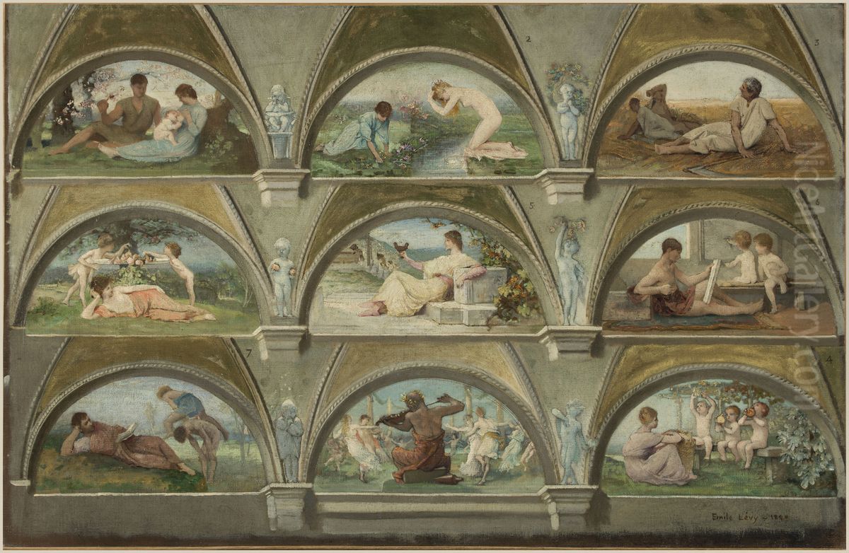 Esquisse pour le salon des cariatides de l'Hotel de Ville de Paris : Scenes allegoriques de la vie quotidienne (voussures) Oil Painting by Emile Levy