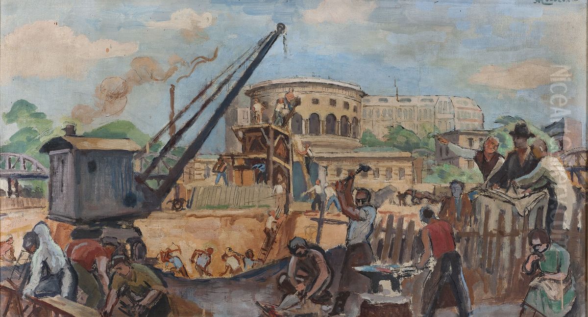 Le Travail : Esquisse pour le preau de l'ecole des garcons de l'avenue Simon-Bolivar, 19eme arrondissement de Paris Oil Painting by Jean Marchand